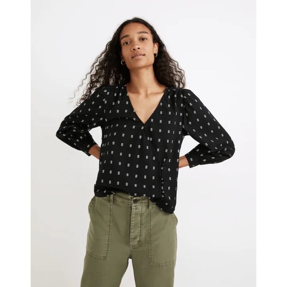 Madewell Blouse Kinston Side-Button Wrap Top in Textured Dobby True Black XL NWT - Picture 1 of 13